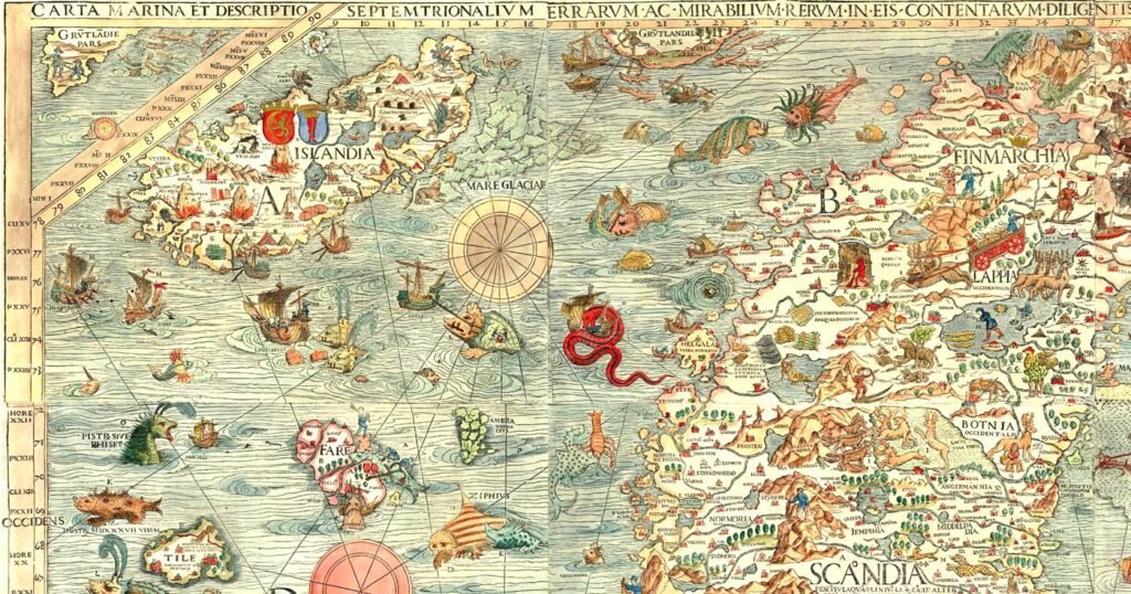 Trecho da Carta Marina, mapa de Olaus Magnus (1539): Islândia e Escandinávia cercadas por navios e monstros marinhos.