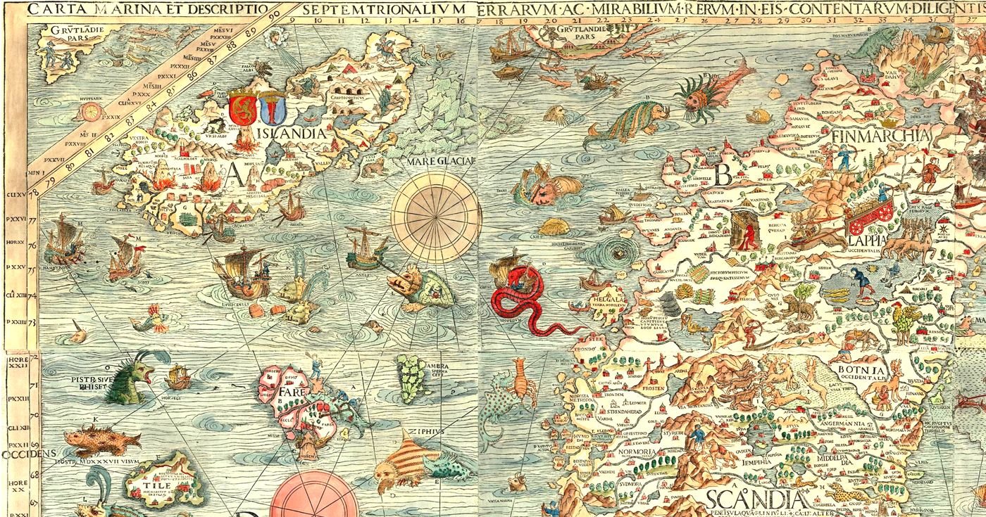 Trecho da Carta Marina, mapa de Olaus Magnus (1539): Islândia e Escandinávia cercadas por navios e monstros marinhos.
