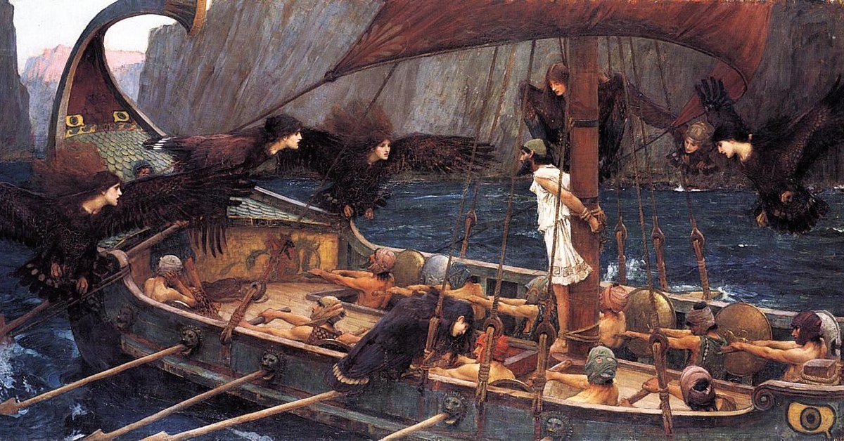Pintura Ulisses e as Sereias, de John William Waterhouse (1891): Ulisses amarrado ao mastro do barco enquanto sereias aladas voam ao redor e os remadores seguem remando.
